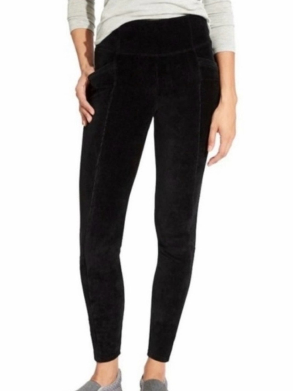 Athleta Women’s Sz M Velour Metro Leggings Black Pockets Mid Rise